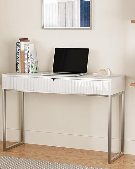 White Vanity Desk with 2 Drawers, Silver and White Desk,Home Office Desk Modern Makeup Vanity Table with Glossy Desktop,Writing Computer Standing Desk with Wood Top and Metal Legs - LeafyLoom