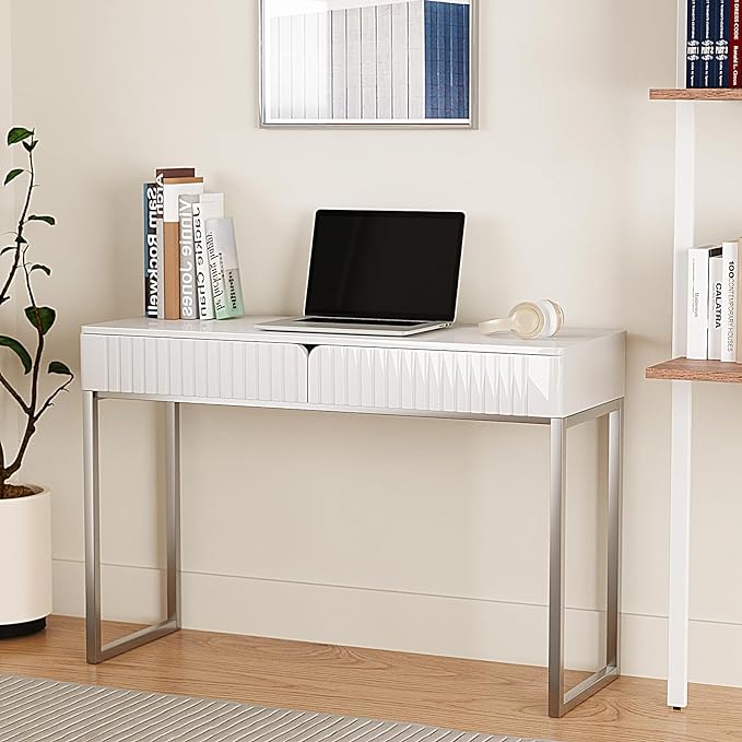 White Vanity Desk with 2 Drawers, Silver and White Desk,Home Office Desk Modern Makeup Vanity Table with Glossy Desktop,Writing Computer Standing Desk with Wood Top and Metal Legs - LeafyLoom