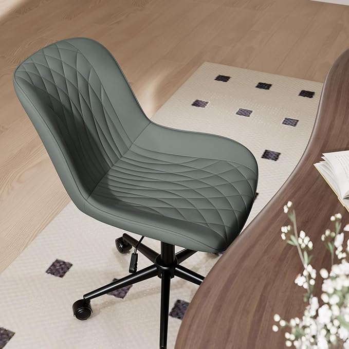 YOUNIKE Office Chair with Wheels Armless Desk Chair Swivel Rolling Task Chair with Back Upholstered Faux Leather Modern Computer Chair Height Adjustable, Greyish Green - LeafyLoom