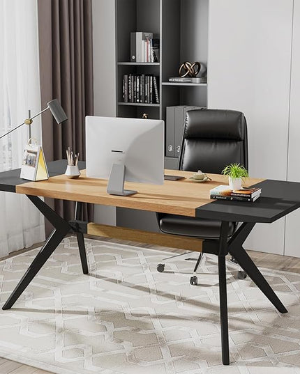 63" W Executive Desk, Extra Sturdy Thickened Wooden Workstation Study Desk Computer Desk Large Home Office Writing Desk for Home Office - LeafyLoom