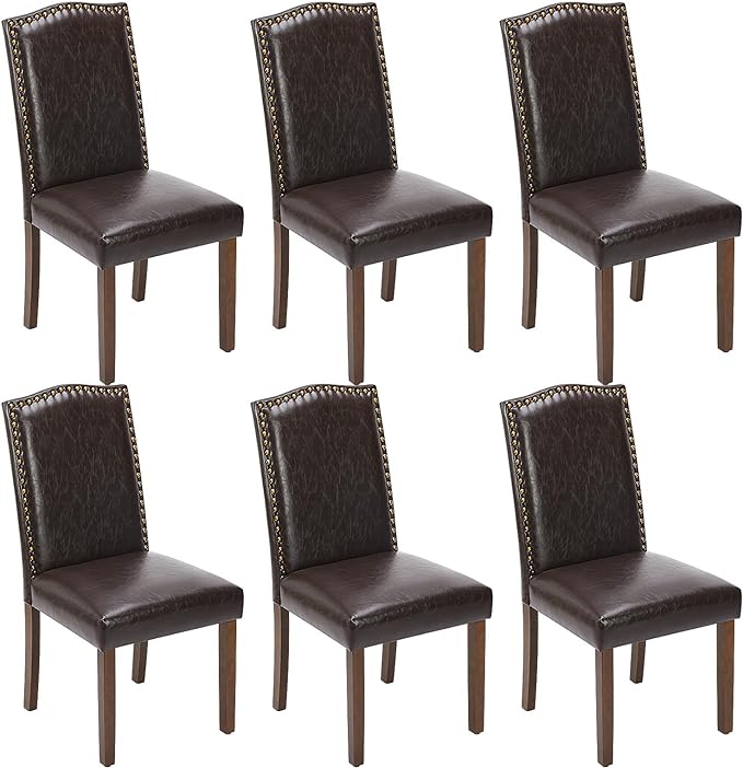 Sweetcrispy Dining Chairs Set of 6, Upholstered Leather Kitchen Room Chairs Mid Century Modern High-End Dining Room Side Chairs with Nailhead Trim and Wood Legs for Bedroom, Living Room, Brown - LeafyLoom