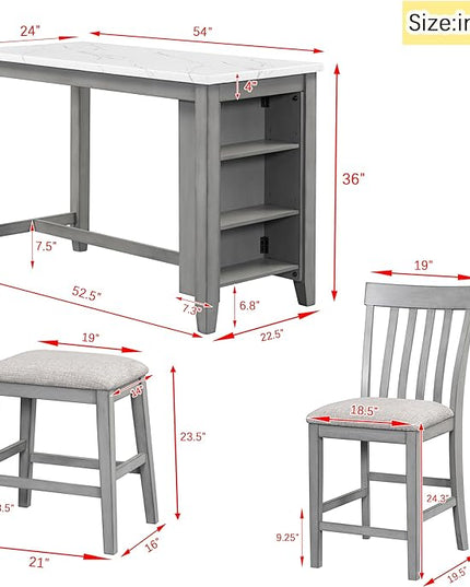 5-Piece Wooden Counter Height Dining Table Set with Faux Marble Veneer and Built-in Storage Shelves, 2 Upholstered Chairs and 2 Barstools, for Kitchen, Breakfast Nook, Bar, Living Room, Gray - LeafyLoom