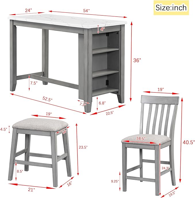 5-Piece Wooden Counter Height Dining Table Set with Faux Marble Veneer and Built-in Storage Shelves, 2 Upholstered Chairs and 2 Barstools, for Kitchen, Breakfast Nook, Bar, Living Room, Gray - LeafyLoom