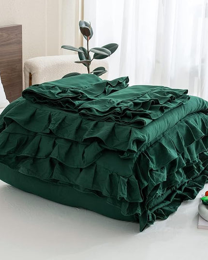 Andency Dark Emerald Green Comforter Set King, 3 Pieces Lightweight Ruffle Bedding Comforter Sets, Farmhouse Ruffle Bed Comforter Set, Lightweight and Soft Bedding Comforter for All Seasons - LeafyLoom
