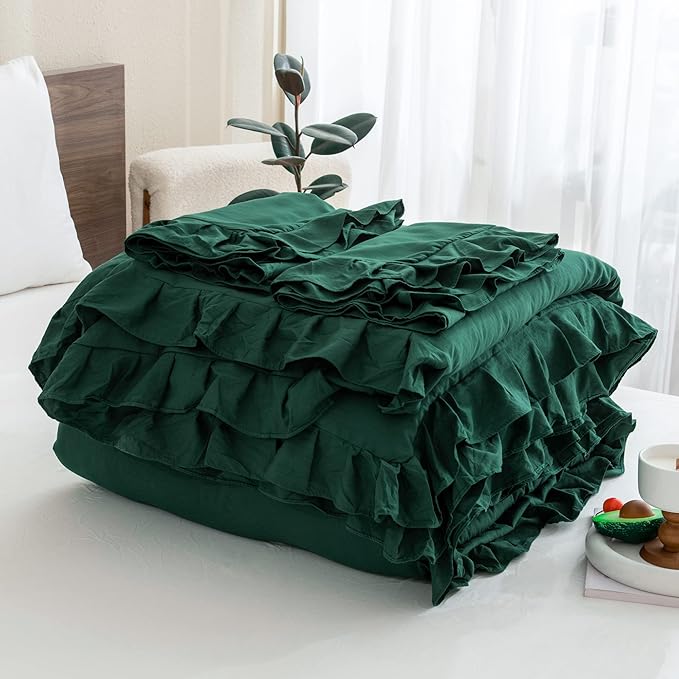 Andency Dark Emerald Green Comforter Set King, 3 Pieces Lightweight Ruffle Bedding Comforter Sets, Farmhouse Ruffle Bed Comforter Set, Lightweight and Soft Bedding Comforter for All Seasons - LeafyLoom