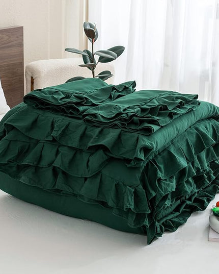 Andency Dark Emerald Green Comforter Set Queen, 3 Pieces Solid Ruffle Farmhouse Bedding Set for Queen Bed, Lightweight Soft Ruffled Bed Comforter Set for All Seasons - LeafyLoom
