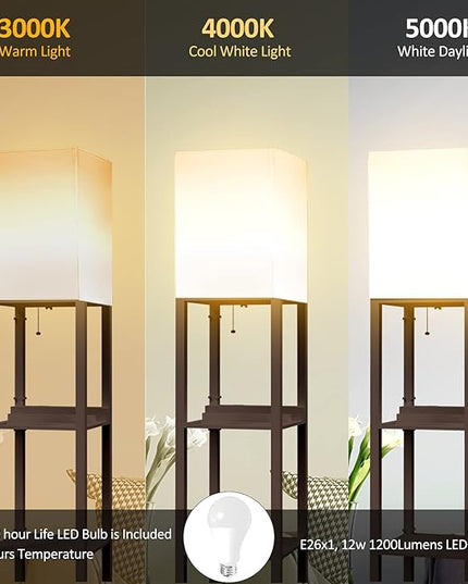 PAZZO Floor Lamp with Shelves, Shelf Floor Lamps by Solid Wood with 2 Charging Ports and 1 Power Outlet, Floor Lamps for Bedrooms, Lamps for Living Room, Brown Color - LeafyLoom