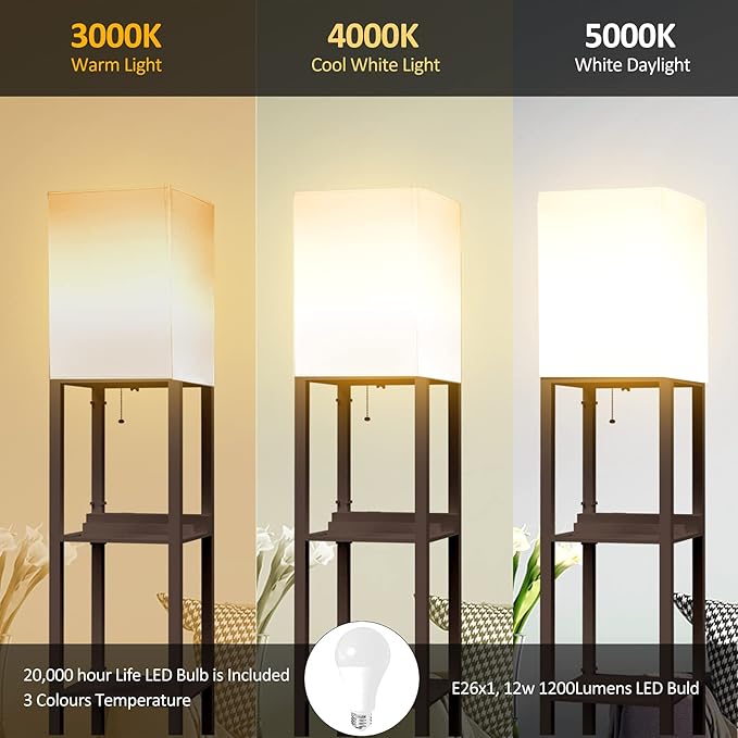 PAZZO Floor Lamp with Shelves, Shelf Floor Lamps by Solid Wood with 2 Charging Ports and 1 Power Outlet, Floor Lamps for Bedrooms, Lamps for Living Room, Brown Color - LeafyLoom