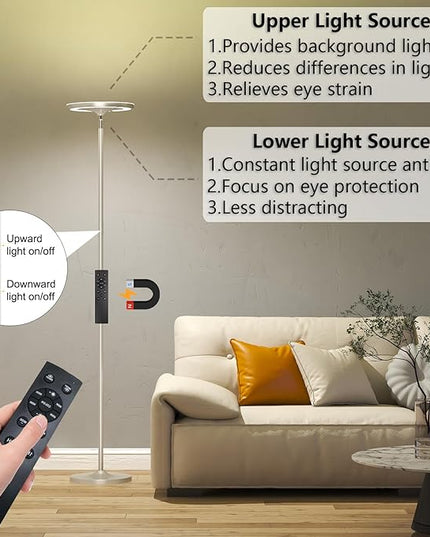 Keepsmile Silver Double Side Lighting LED Floor Lamp with Remote Smart App 36W 2600LM Bright Tall Standing RGB Floor Lamp Angle Multicolor Dimmable Modern Floor Lamps for Living Room Bedroom - LeafyLoom