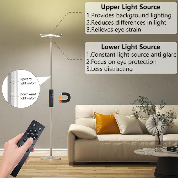 Keepsmile Silver Double Side Lighting LED Floor Lamp with Remote Smart App 36W 2600LM Bright Tall Standing RGB Floor Lamp Angle Multicolor Dimmable Modern Floor Lamps for Living Room Bedroom - LeafyLoom