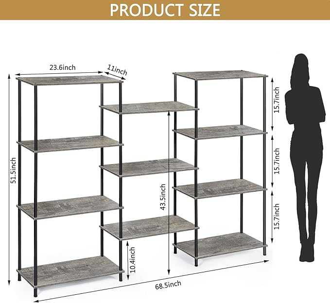 melos 4 Tier Bookshelf, Industrial Bookcase, Large Etagere Bookshelf Open Display Shelves with Metal Frame and 2 Anti-Tipping Strap, Grey - LeafyLoom