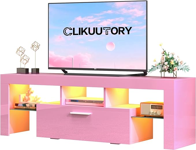 Clikuutory Pink LED TV Stand with Large Storage Drawer for 32 40 50 55 Inch TVs, Modern High gloss TV Console Table with Entertainment Center for Living Room, Bedroom, Pink - LeafyLoom
