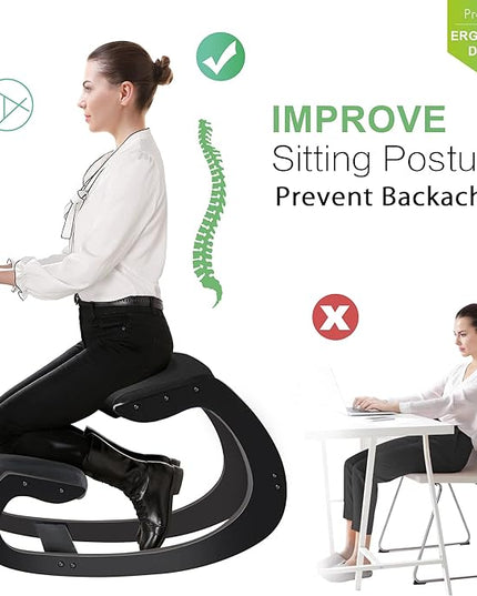 Predawn Ergonomic Kneeling Chair,Rocking Knee Chair Upright Posture Chair for Home Office Meditation Wooden & Linen Cushion-Office Chair for Back Neck Pain Relief & Improving Posture (Black) - LeafyLoom