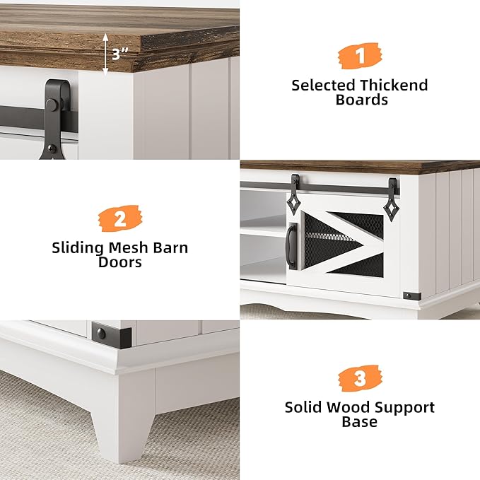 IDEALHOUSE Farmhouse Coffee Table with Storage 48'' Center Table Industrial Cocktail Table with Sliding Barn Doors Modern Rectangular Living Room Table Rustic Coffee Table with Adjustable Shelves - LeafyLoom