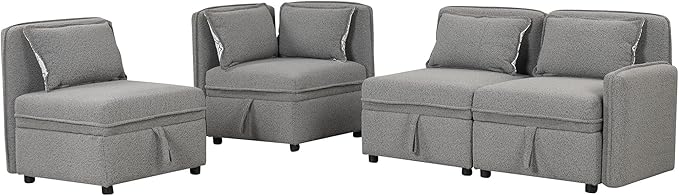 123" Modular Sectional Sofa, Convertible Minimalist 4-seat Couch with 5 Pillows for Living Room,Apartment, Free Combination, 122.8inch, Gray - LeafyLoom