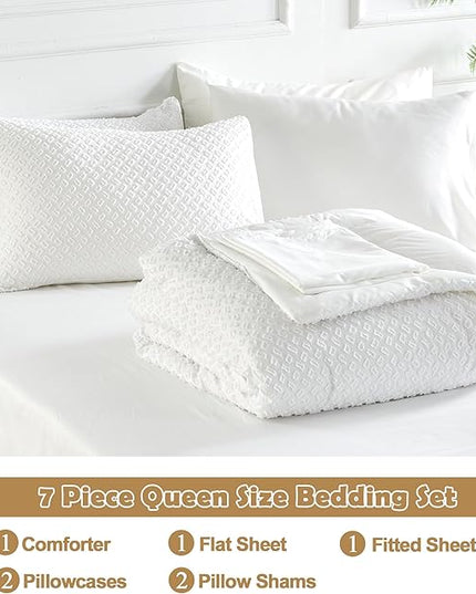 Queen Size Tufted Kids Comforter Set 7 Piece White Jacquard Tufts Embroidery Bedding Set for Boys Girls Bed in A Bag Quilt with 1 Comforter, 1 Flat Sheet, 1 Fitted Sheet, 2 Pillowcase, 2 Pillow Sham - LeafyLoom