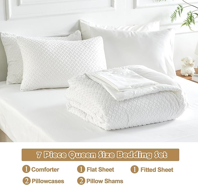 Queen Size Tufted Kids Comforter Set 7 Piece White Jacquard Tufts Embroidery Bedding Set for Boys Girls Bed in A Bag Quilt with 1 Comforter, 1 Flat Sheet, 1 Fitted Sheet, 2 Pillowcase, 2 Pillow Sham - LeafyLoom