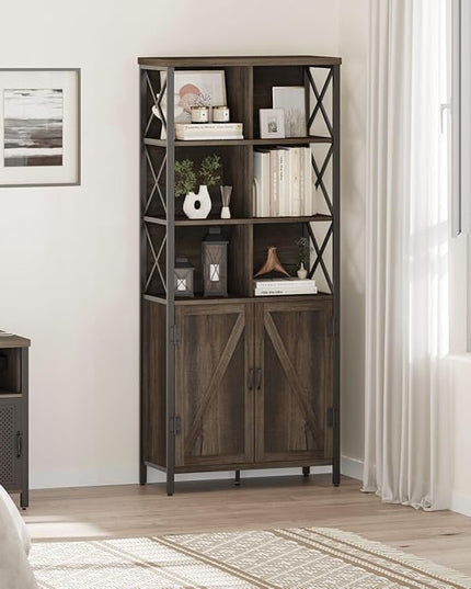 FATORRI Bookshelf with Doors, Rustic Wood Bookcase with Cabinet, Industrial Tall Cubby Book Shelf and Cube Organizer Shelf for Living Room (Walnut Brown) - LeafyLoom