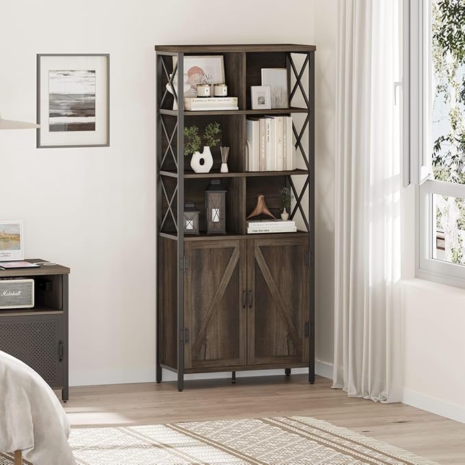 FATORRI Bookshelf with Doors, Rustic Wood Bookcase with Cabinet, Industrial Tall Cubby Book Shelf and Cube Organizer Shelf for Living Room (Walnut Brown) - LeafyLoom