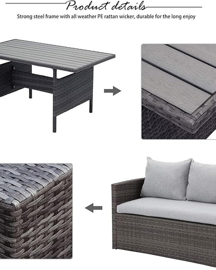 Solaste 7 Piece Patio Furniture Set, All Weather Wicker Patio Conversation Sets with Cushion Seat & Pillows, Outdoor Dining Set, Patio Furniture Outdoor Sectional, Grey - LeafyLoom