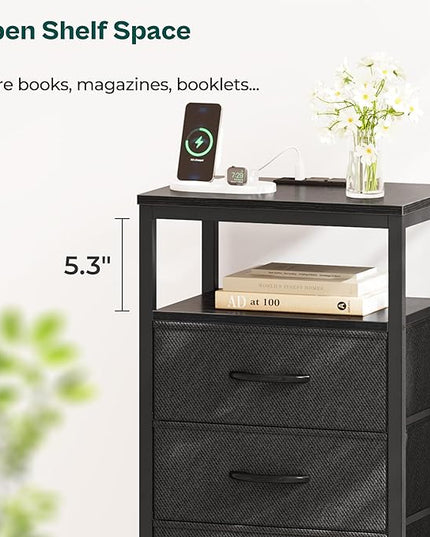Nightstands Set of 2, 27.6 Inch End Tables with Charging Station, Side Tables with Fabric Drawers, Bedside Tables with USB Port and Outlet, Night Stands for Bedroom, Black - LeafyLoom