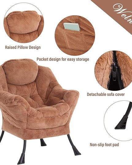 Welnow Lazy Chair with Ottoman, Modern Lounge Accent Chair with Armrests and a Side Pocket, Leisure Sofa Chair, Reading Chair with Footrest for Small Space, Corner Chair, Plush Brown - LeafyLoom