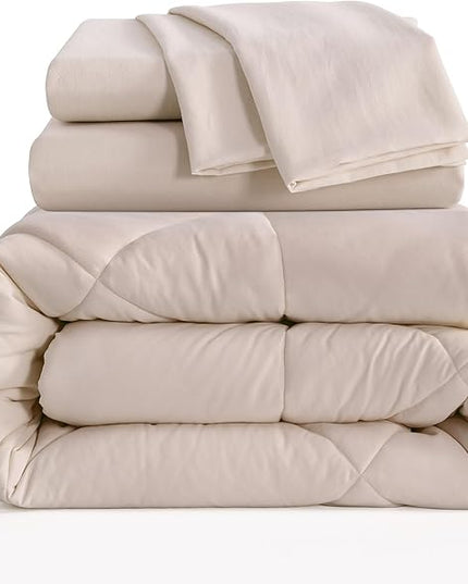 NTBAY Twin Comforter Set with Sheets, 5 Pieces Soft and Breathable Twin Bedding Set, Twin Bed in a Bag, Down Alternative Comforter Set Solid Color All Season, Kids Bedding Set, Taupe - LeafyLoom