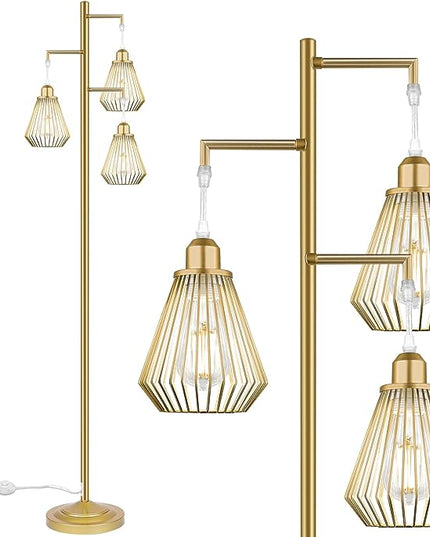 QiMH Industrial Floor Lamps for Living Room, Tree Standing Lamp with 3 Teardrop Cage Shades, 68" Modern Tall Lamps for Bedroom Office Home Light Decor, E26 Socket, Pedal Switch, Brass Gold - LeafyLoom