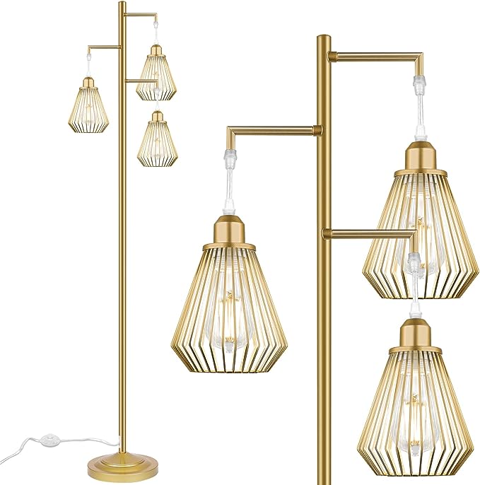 QiMH Industrial Floor Lamps for Living Room, Tree Standing Lamp with 3 Teardrop Cage Shades, 68" Modern Tall Lamps for Bedroom Office Home Light Decor, E26 Socket, Pedal Switch, Brass Gold - LeafyLoom
