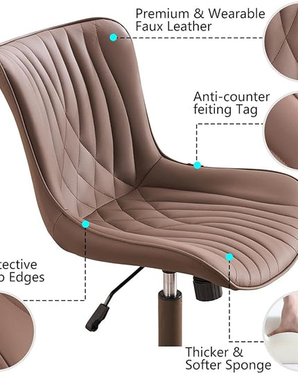 YOUTASTE Dark Brown Office Chair Modern Armless Desk Chair with Wheels Adjustable Swivel Rocking Rolling Computer Study Chairs Faux Leather Sewing Chairs with Back Stylish Vanity Chair - LeafyLoom
