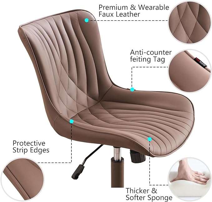 YOUTASTE Dark Brown Office Chair Modern Armless Desk Chair with Wheels Adjustable Swivel Rocking Rolling Computer Study Chairs Faux Leather Sewing Chairs with Back Stylish Vanity Chair - LeafyLoom