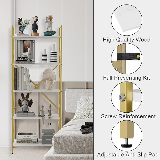 5 Tiers Bookshelf Tall Bookcase Shelf Storage Organizer Industrial Open Shelving Wood Large Modern Bookshelf for Living Room/Bedroom/Home/Office, White - LeafyLoom