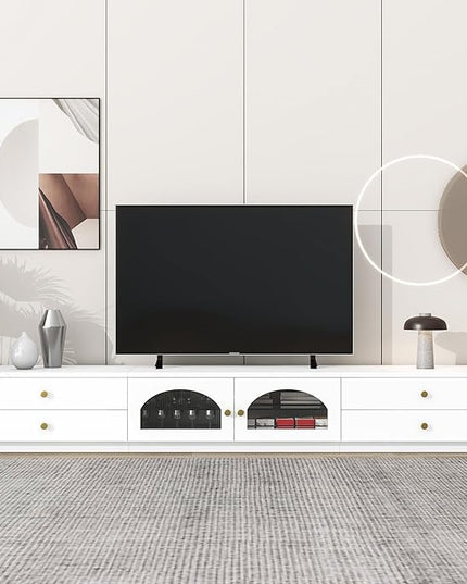 Luxurious Long Fluted Doors, Tempered Glass Shelf Entertainment Center Media Console Table Stand for TVs Up to 95'', with Multiple Storage for Living Room, Bedroom, White - LeafyLoom