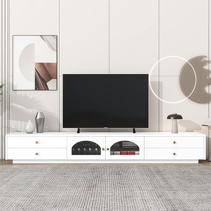 Luxurious Long Fluted Doors, Tempered Glass Shelf Entertainment Center Media Console Table Stand for TVs Up to 95'', with Multiple Storage for Living Room, Bedroom, White - LeafyLoom