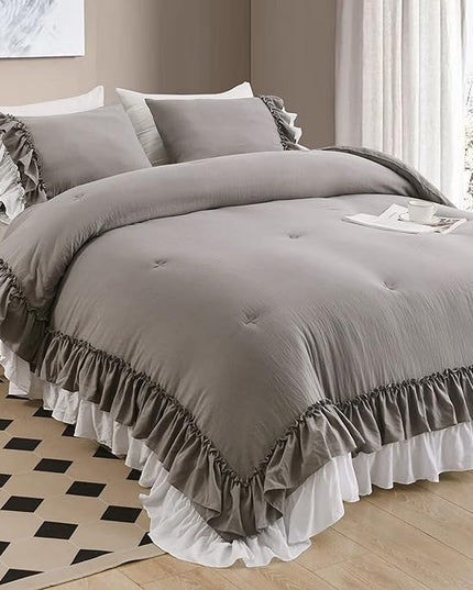 Ruffle Queen Comforter Set,Grey White Ruffled Comforter Sets for Queen Bed Shabby Boho Chic Farmhouse Bedding Set(1 Ruffle Comforter and 2 Pillowcases) - LeafyLoom