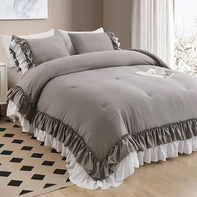 Ruffle Queen Comforter Set,Grey White Ruffled Comforter Sets for Queen Bed Shabby Boho Chic Farmhouse Bedding Set(1 Ruffle Comforter and 2 Pillowcases) - LeafyLoom