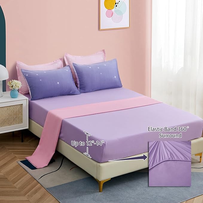Girls Comforter Set Twin XL Size 6 Pieces Colorful Ombre Pink Purple Rainbow Bedding Set Bed in A Bag for Kids Teen Girls (1 Comforter, 1 Flat Sheet, 1 Fitted Sheet, 1 Pillow sham, 2 Pillowcases) - LeafyLoom
