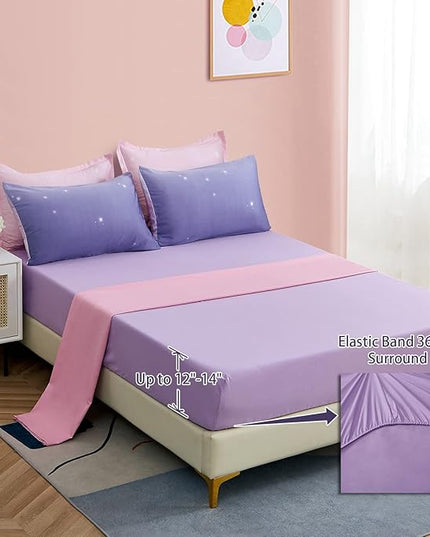 Girls Comforter Set Queen Size 7 Pieces Bed in A Bag Ombre Pink Purple Rainbow Bedding Set Collections for Teen Women (1 Comforter, 1 Flat Sheet, 1 Fitted Sheet, 2 Pillow shams, 2 Pillowcases) - LeafyLoom