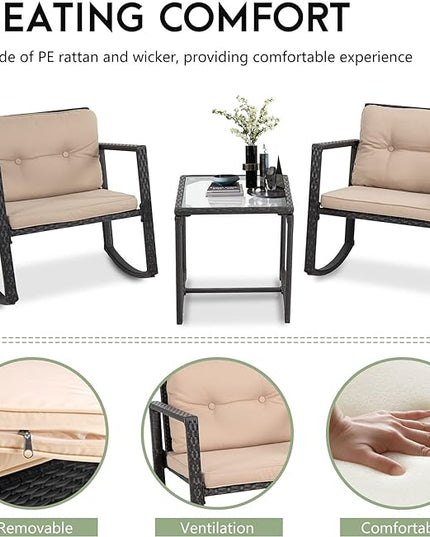 FDW Wicker Patio Furniture Outdoor Bistro Set, Rocking Chair, 3 Piece, Rattan Conversation Set for Backyard Porch Poolside Lawn with Coffee Table,Black - LeafyLoom