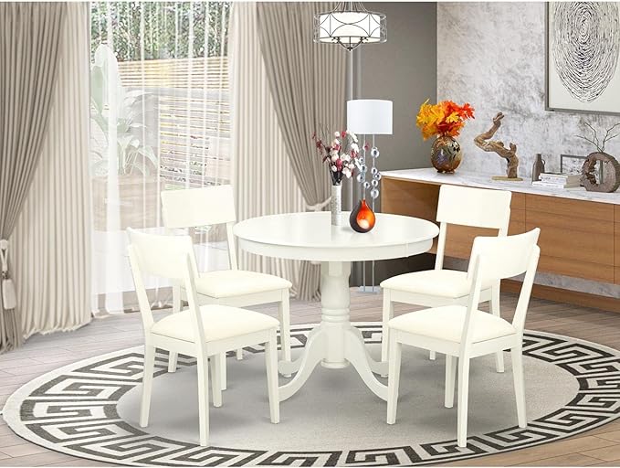 East-West Furniture ANAD5-LWH-LC Kitchen Dining Table Set - 4 Fantastic Wooden Dining Chairs with Faux Leather Seat - A Pedestal Dining Table (Linen White Finish) - LeafyLoom