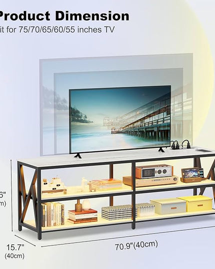 Lvifur LED TV Stand for 65 70 75 inch TV, Auto Sensor Entertainment Center with RGB Dimmable Lights, TV Console Table with Open Storage Shelves and Metal Frame (White) - LeafyLoom