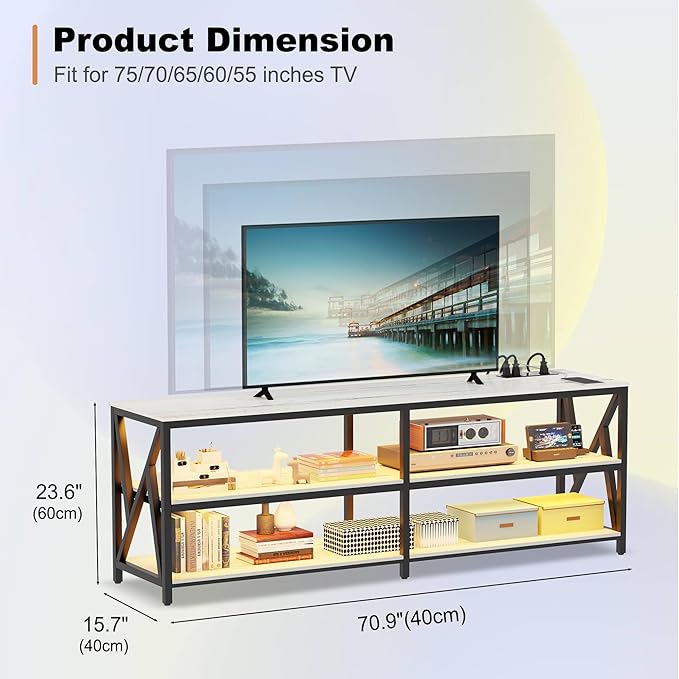 Lvifur LED TV Stand for 65 70 75 inch TV, Auto Sensor Entertainment Center with RGB Dimmable Lights, TV Console Table with Open Storage Shelves and Metal Frame (White) - LeafyLoom