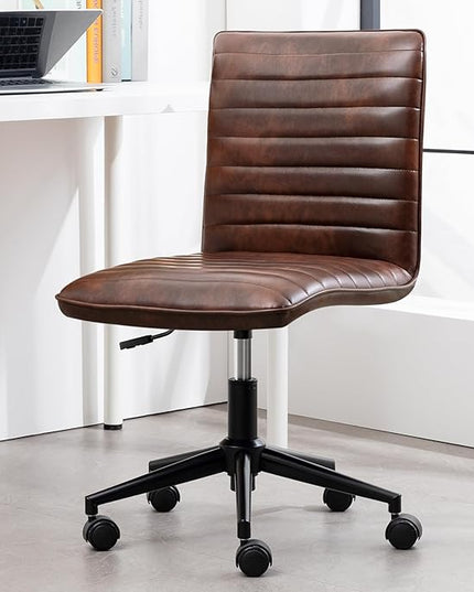 Furniliving Leather Home Office Chair, Armless Vanity Desk Task Chair with Wheels 360° Swivel Computer Rolling Desk Chair with Back, Adjustable Accent Chair with Base Stool - LeafyLoom
