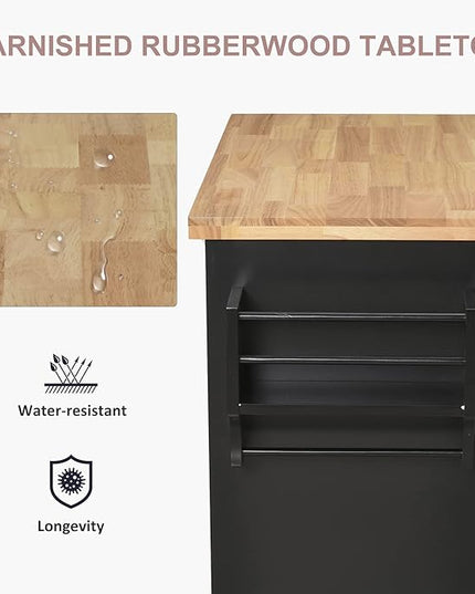 HOMCOM Kitchen Island on Wheels, Rolling Cart with Rubberwood Top, Spice Rack, Towel Rack and Drawers for Dining Room, Black - LeafyLoom