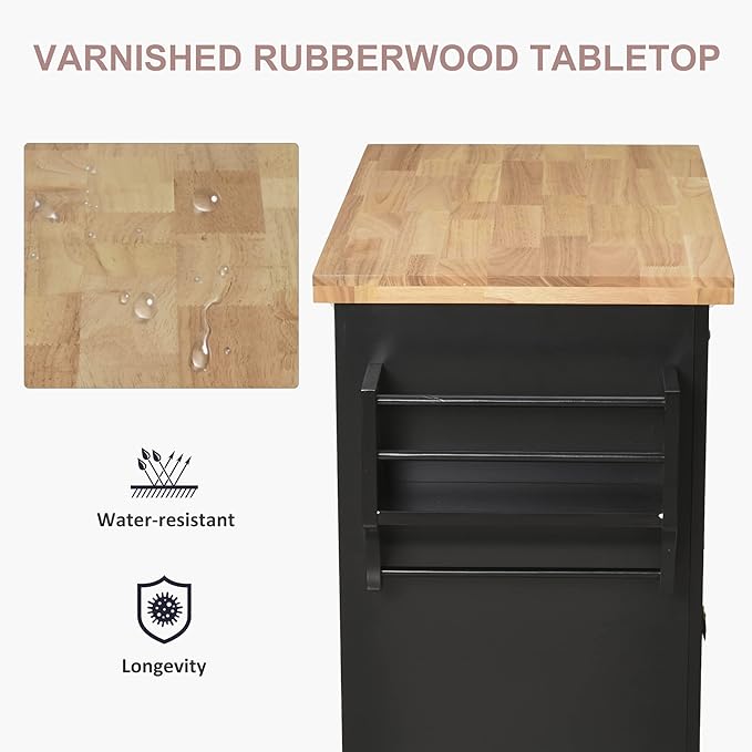 HOMCOM Kitchen Island on Wheels, Rolling Cart with Rubberwood Top, Spice Rack, Towel Rack and Drawers for Dining Room, Black - LeafyLoom
