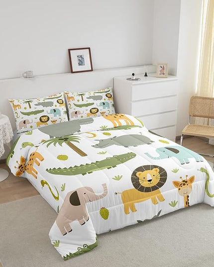 Feelyou Wild Animals Comforter Set Safari Animals Print Comforter for Boys Girls Teens Cute Hippo Crocodile Lion Bedding Set Kids Cartoon Elephant Giraffe Duvet Set Room Decor Quilt Set Twin Size - LeafyLoom