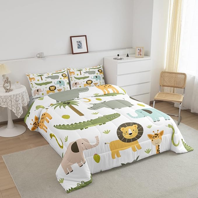 Feelyou Wild Animals Comforter Set Safari Animals Print Comforter for Boys Girls Teens Cute Hippo Crocodile Lion Bedding Set Kids Cartoon Elephant Giraffe Duvet Set Room Decor Quilt Set Twin Size - LeafyLoom
