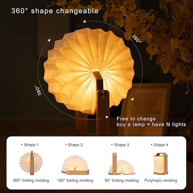 LED Desk Lamp Dimmable Table Lamp Reading Lamp with USB Charging Port, Wooden Hand Lamp, Folding Paper Portable Lamp, Eye-Caring Lamp, Led Lights for Home Decoration (Bamboo) - LeafyLoom