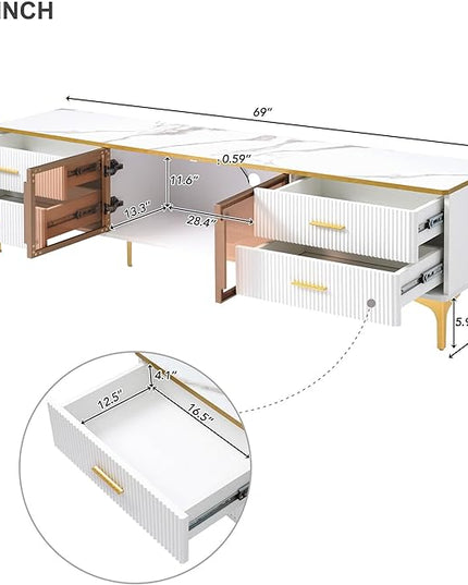Merax Stylish LED TV Stand for Televisions Up to 78'', Entertainment Center with Brown Glass Storage Cabinet, Marble-veined Table Top, Golden Legs & Handles for Living Room, White - LeafyLoom