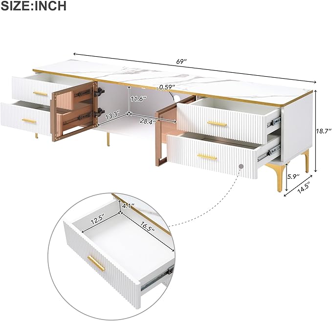 Merax Stylish LED TV Stand for Televisions Up to 78'', Entertainment Center with Brown Glass Storage Cabinet, Marble-veined Table Top, Golden Legs & Handles for Living Room, White - LeafyLoom